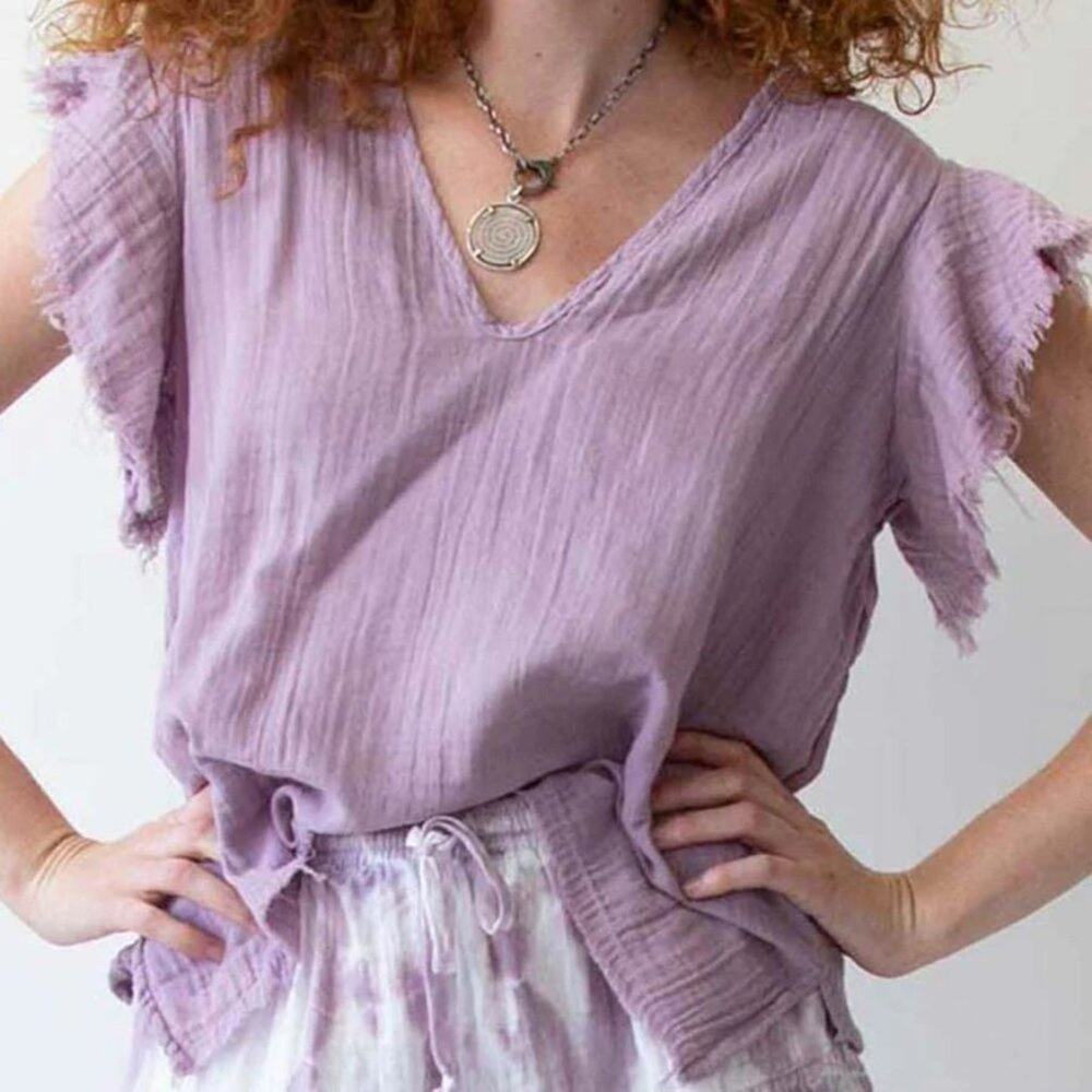 Stark X Ruffle Sleeve Top SIZE XS Lavender Gray V-Neck Raw Edge Cotton Blouse